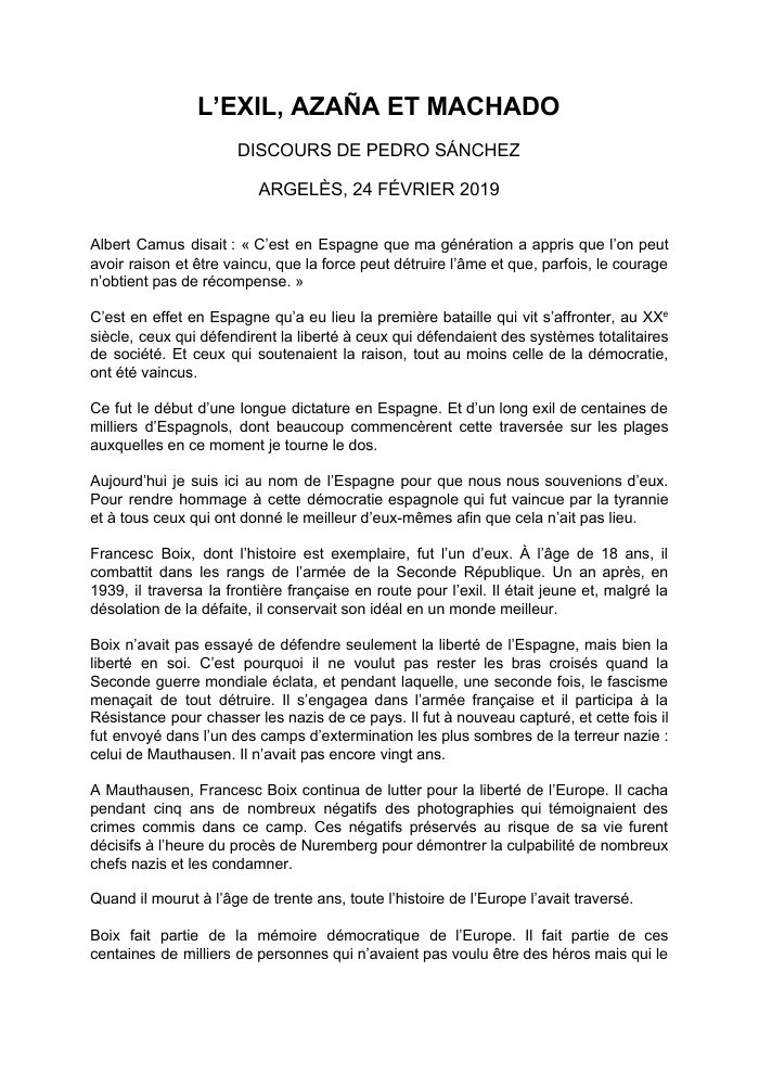 Aperçu : L’exil, Azaña et Machado — discours de Pedro Sánchez