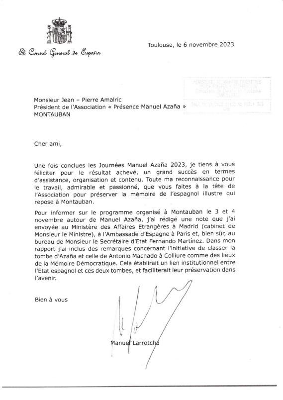 Lettre du consul d’Espagne — novembre 2023